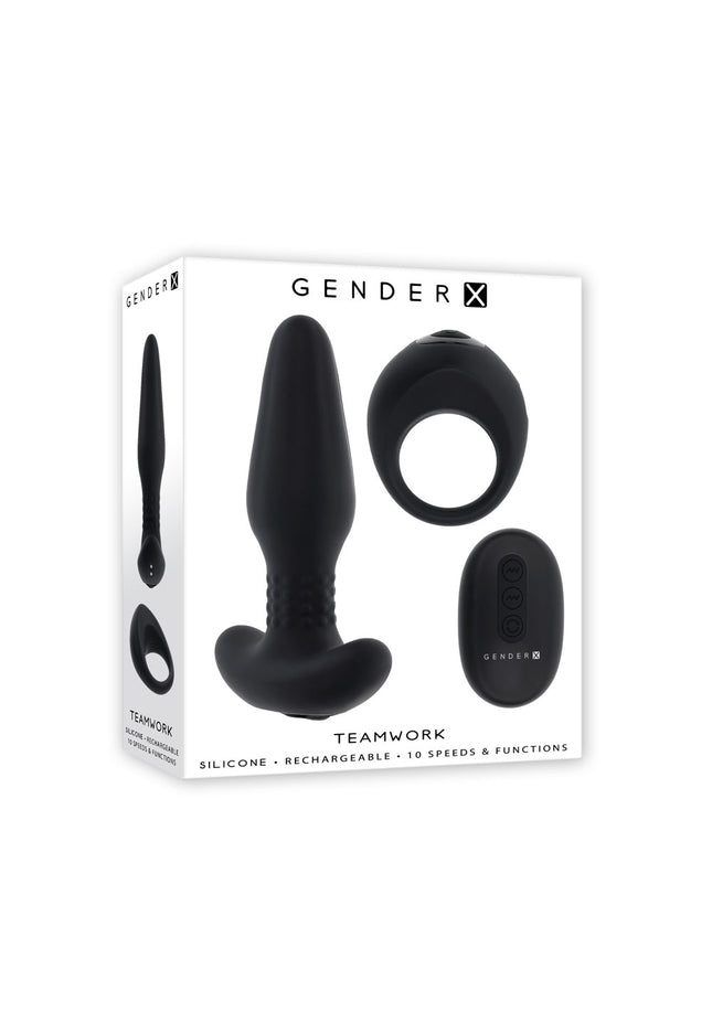 Gender X TEAMWORK - Black USB Rechargeable Rimming Butt Plug & Vibrating Cock Ring