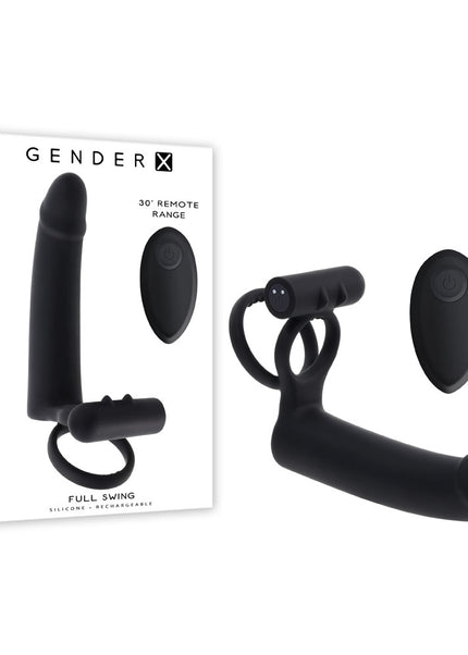 Gender X FULL SWING - Black USB Rechargeable Vibrating Cock Ring with Double Penetrator Dildo