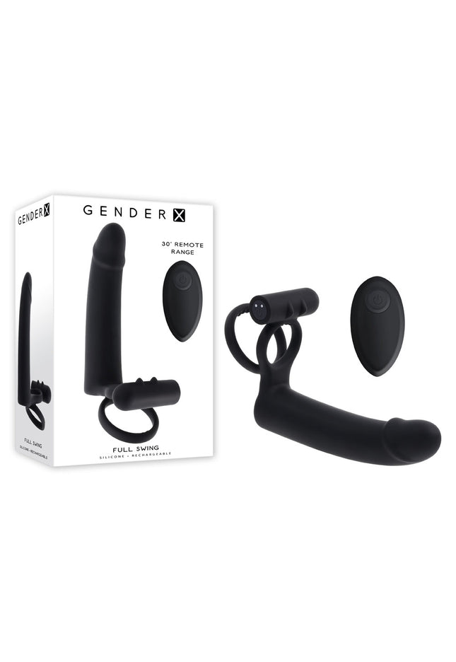 Gender X FULL SWING - Black USB Rechargeable Vibrating Cock Ring with Double Penetrator Dildo