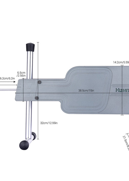 A gray and silver wheeled table or bed frame with overlaid dimension lines and measurements on a plain white background.