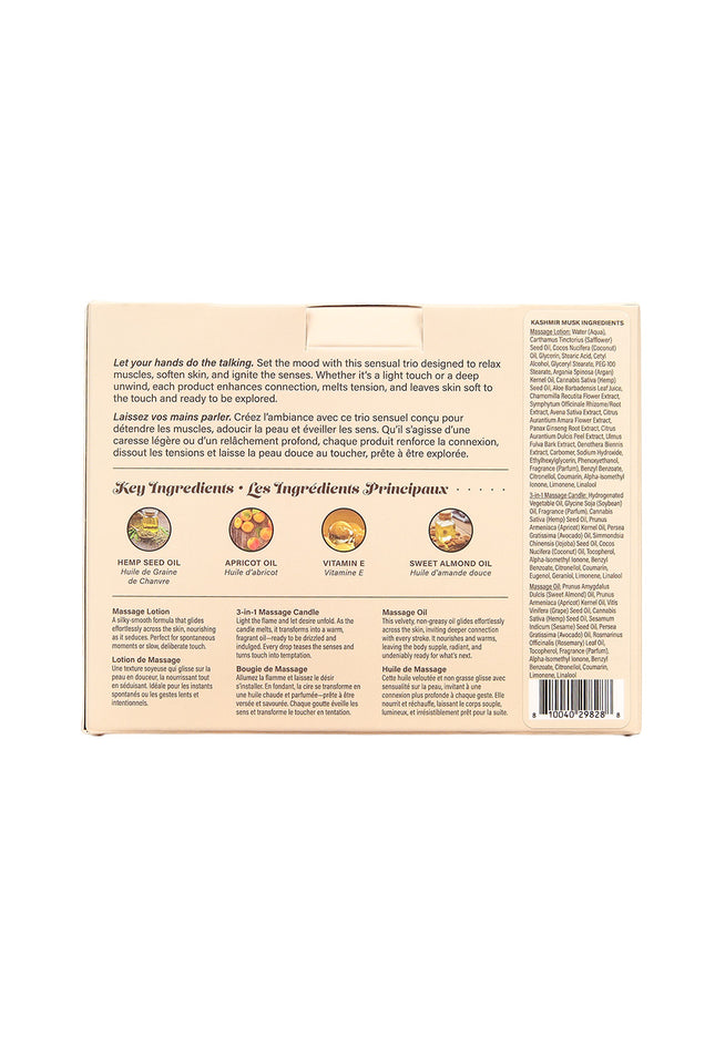 Hemp Seed Tranquility Trio - Kashmir Musk - Kashmir Musk Scented Massage & Caress Kit - 3 Piece Kit