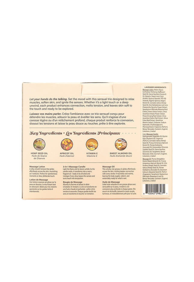 Hemp Seed Tranquility Trio - Lavender - Lavender Scented Massage & Caress Kit - 3 Piece Kit