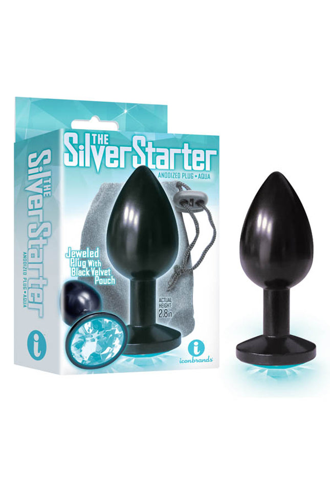 The Silver Starter - Anodised Black 7.1 cm (2.8'') Butt Plug with Aqua Round Jewel