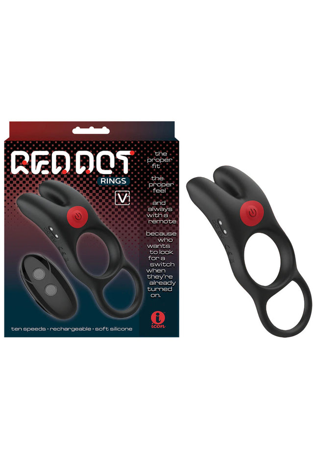 Red Dot Rings - V1 - Black USB Rechargeable Vibrating Cock Ring with Remote