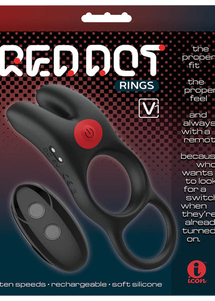 Red Dot Rings - V1 - Black USB Rechargeable Vibrating Cock Ring with Remote