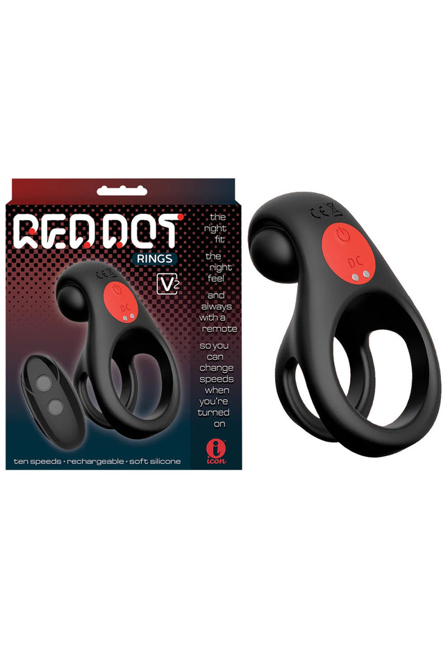 Red Dot Rings - V2 - Black USB Rechargeable Vibrating Cock & Ball Ring with Remote