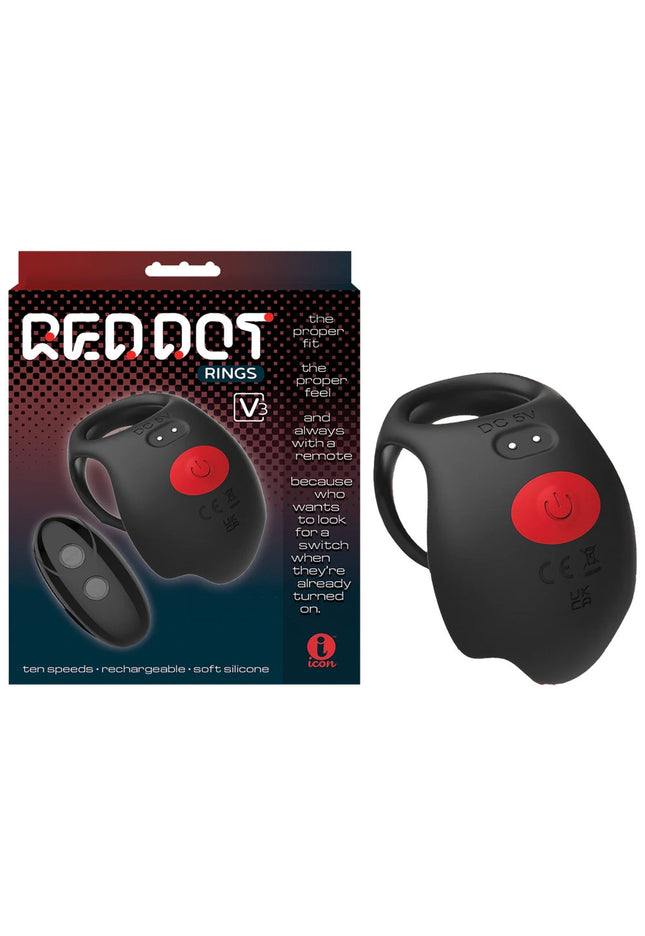 Red Dot Rings - V3 - Black USB Rechargeable Vibrating Cock & Ball Ring with Remote