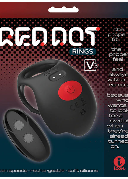Red Dot Rings - V3 - Black USB Rechargeable Vibrating Cock & Ball Ring with Remote