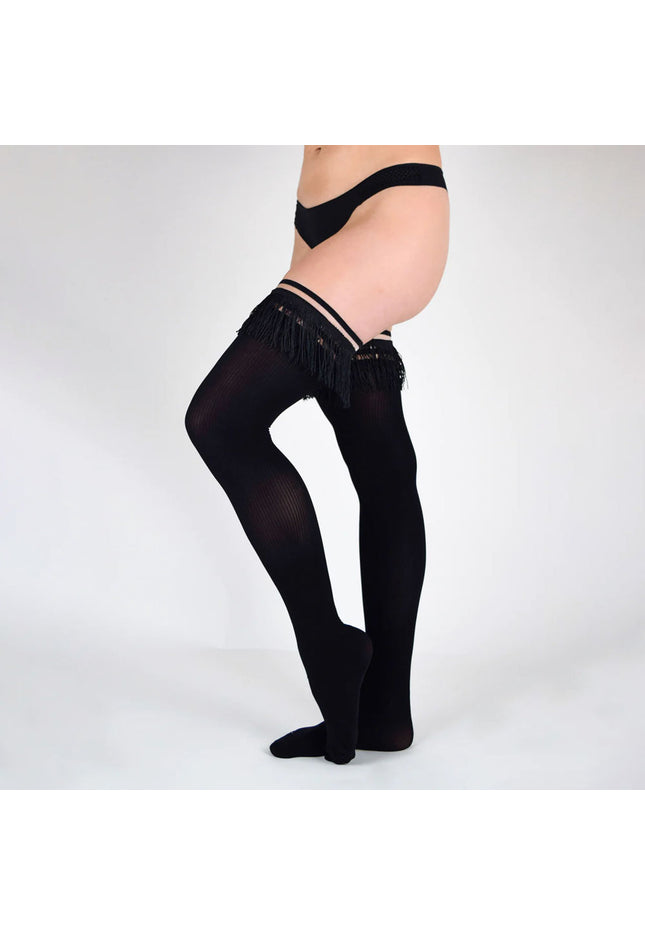 Kixies KEILA Fringe Sheer Thigh Highs - Black - Size B