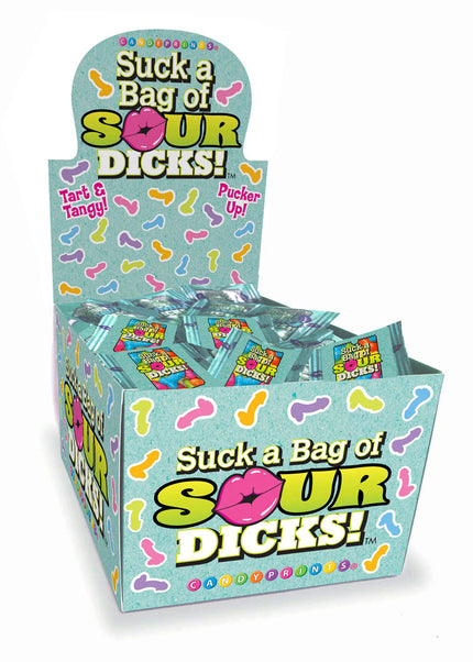 Suck A Bag Of Sour Dicks Counter Display - Sour Fruit Flavoured Lollies - Counter Display of 100 Party Packs