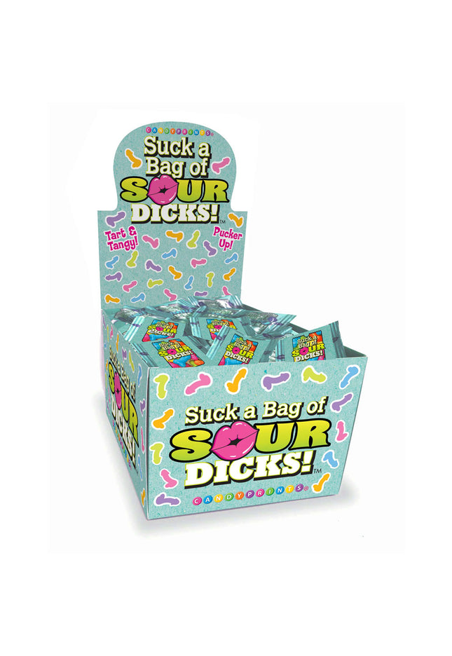 Suck A Bag Of Sour Dicks Counter Display - Sour Fruit Flavoured Lollies - Counter Display of 100 Party Packs