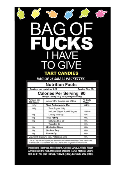 Bag Of Fucks I Have To Give - Bag of 25 - Fruit Flavoured Lollies - Bag of 25 Mini Packs