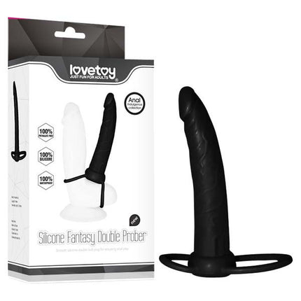 Anal Indulgence Collection Silicone Fantasy Double Prober with Cock Ring – Black | 15.2 cm
