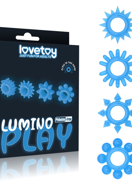 Lumino Play Penis Rings 4 Pack - Glow in the Dark Blue Cock Rings - Set of 4