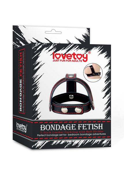 Bondage Fetish T-Style Leather Cock Ring with Ball Divider - Black Cock Ring