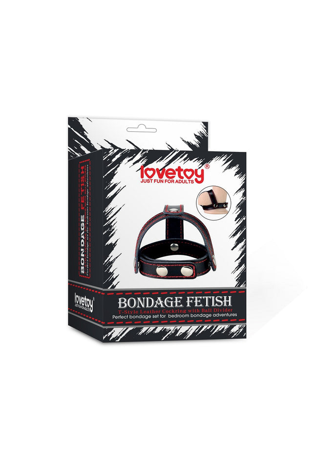 Bondage Fetish T-Style Leather Cock Ring with Ball Divider - Black Cock Ring