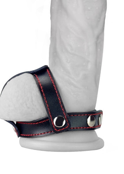 Bondage Fetish T-Style Leather Cock Ring with Ball Divider - Black Cock Ring
