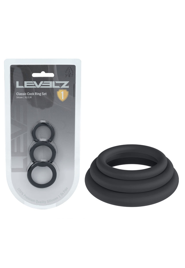 LEVELZ Classic Silicone Cock Ring Set - XS/S/M - Black Cock Rings - Set of 3 Sizes