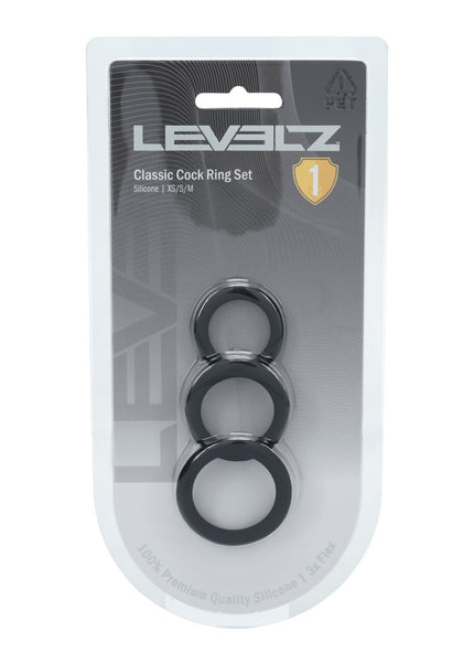 LEVELZ Classic Silicone Cock Ring Set - XS/S/M - Black Cock Rings - Set of 3 Sizes