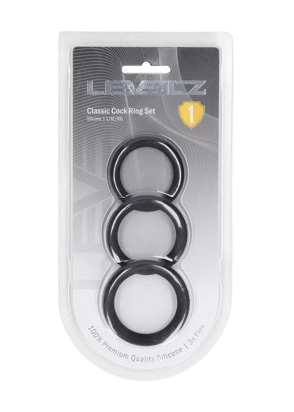 LEVELZ Classic Silicone Cock Ring Set - L/XL/XXL - Black Cock Rings - Set of 3 Sizes