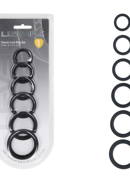 LEVELZ Classic Silicone Cock Ring Set of 6 - Black Cock Rings - Set of 6 Sizes