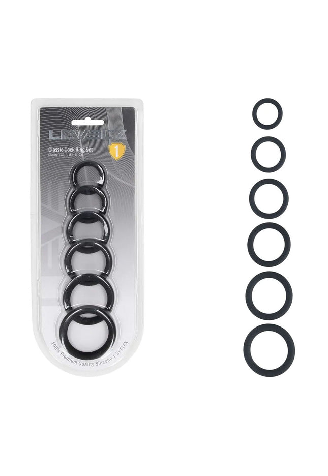 LEVELZ Classic Silicone Cock Ring Set of 6 - Black Cock Rings - Set of 6 Sizes