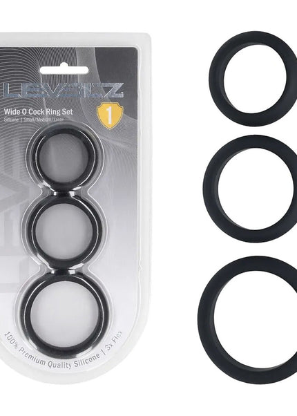 LEVELZ Wide O Silicone Cock Ring Set of 3 - S/M/L - Black Cock Rings - Set of 3 Sizes