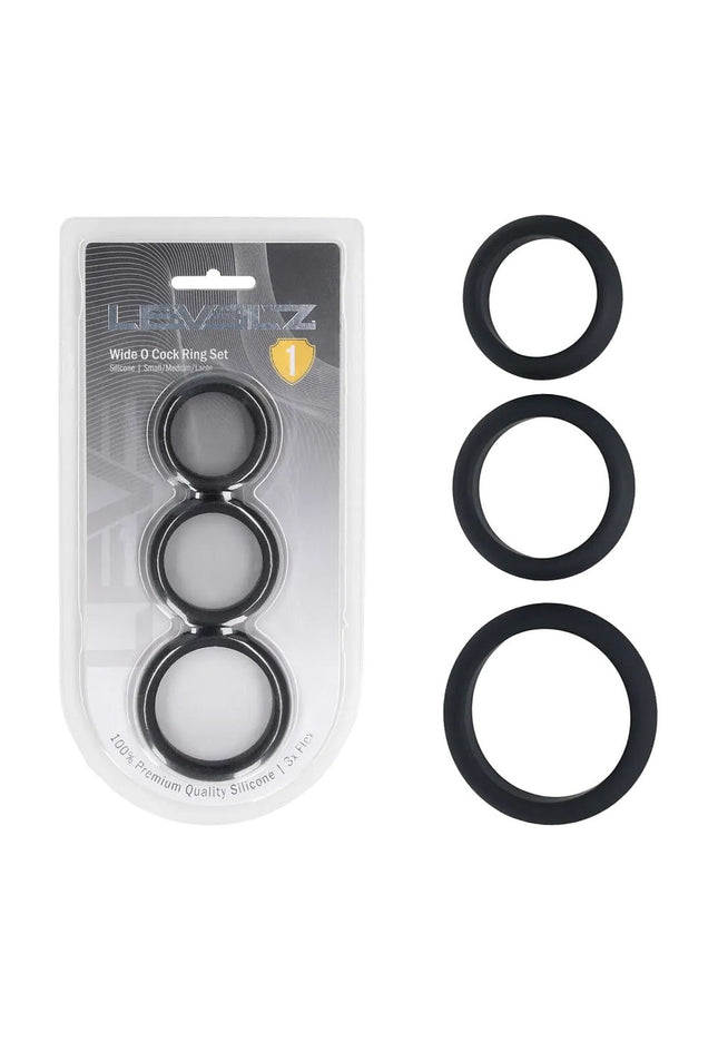LEVELZ Wide O Silicone Cock Ring Set of 3 - S/M/L - Black Cock Rings - Set of 3 Sizes