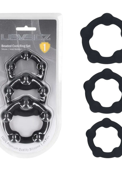 LEVELZ Beaded Silicone Cock Ring Set of 3 - Black - Black Cock Rings - Set of 3 Sizes