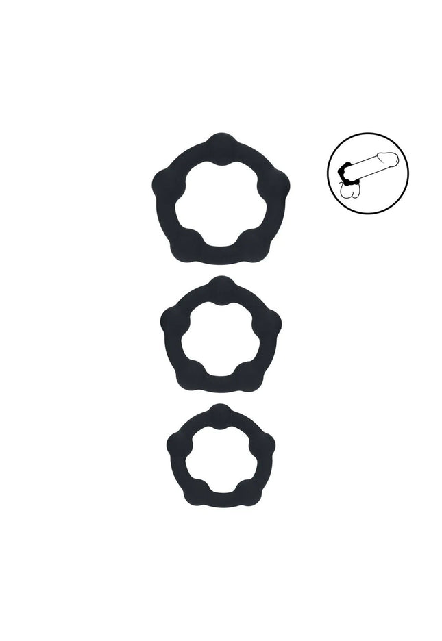 LEVELZ Beaded Silicone Cock Ring Set of 3 - Black - Black Cock Rings - Set of 3 Sizes