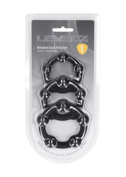 LEVELZ Beaded Silicone Cock Ring Set of 3 - Black - Black Cock Rings - Set of 3 Sizes