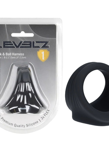 LEVELZ Silicone Cock & Ball Harness - Black - Black Cock & Ball Ring
