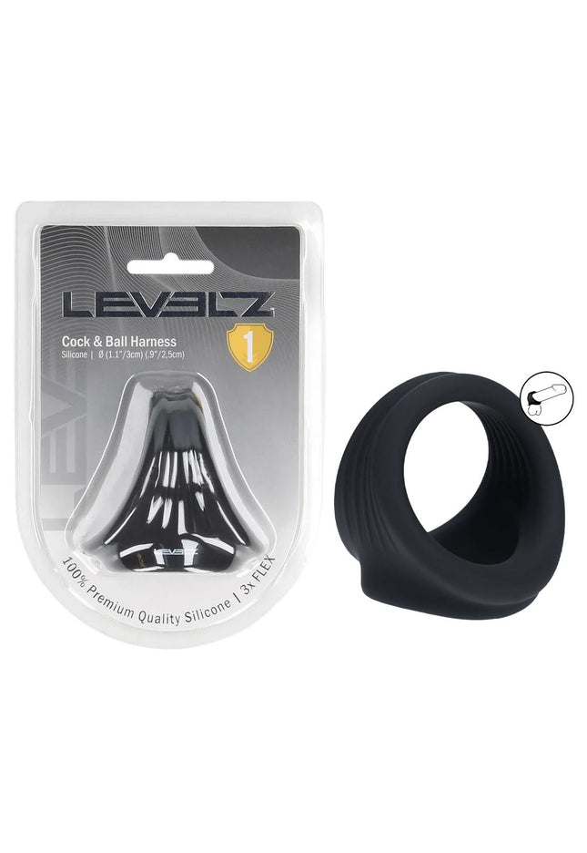 LEVELZ Silicone Cock & Ball Harness - Black - Black Cock & Ball Ring