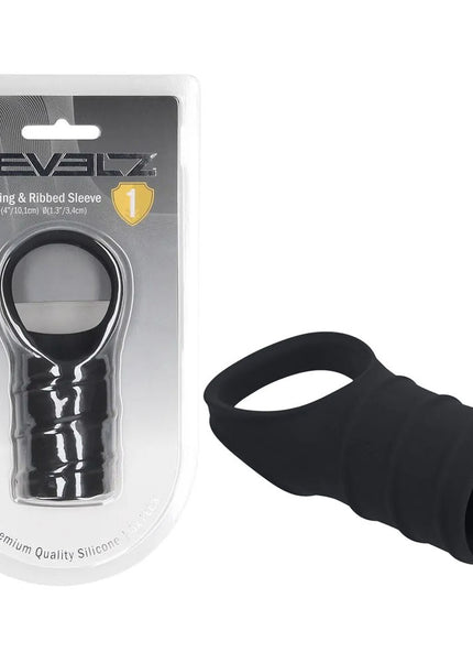 LEVELZ Silicone Cock Ring & Ribbed Sleeve - Black Cock Ring with Sleeve