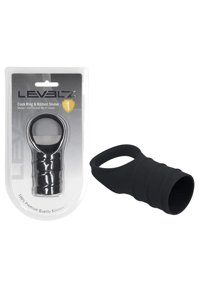 LEVELZ Silicone Cock Ring & Ribbed Sleeve - Black Cock Ring with Sleeve