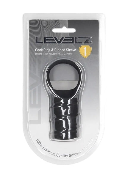 LEVELZ Silicone Cock Ring & Ribbed Sleeve - Black Cock Ring with Sleeve