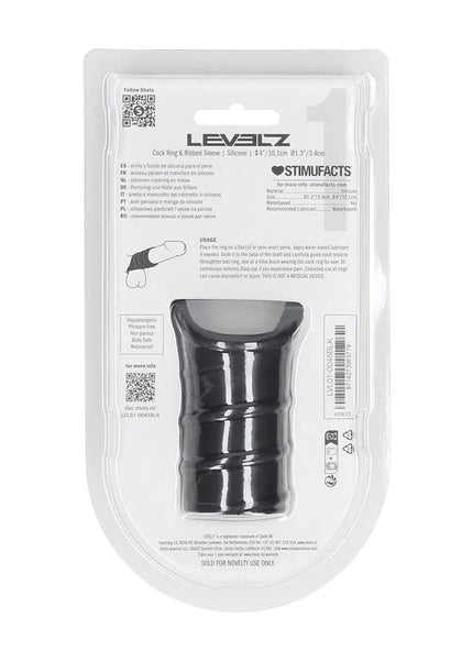 LEVELZ Silicone Cock Ring & Ribbed Sleeve - Black Cock Ring with Sleeve