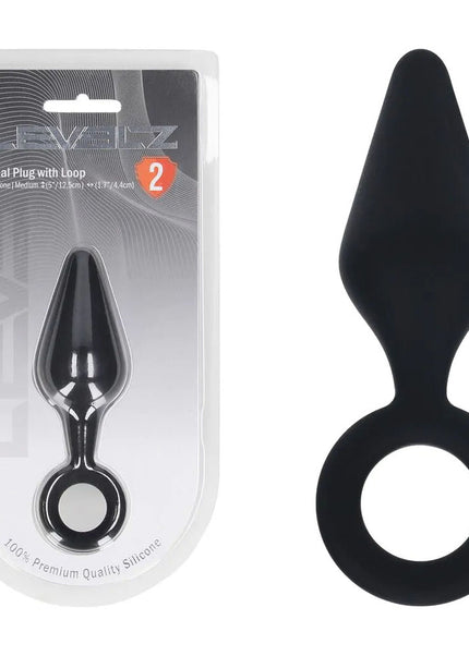 LEVELZ Silicone Anal Plug with Loop - Medium - Black - Black Medium Butt Plug