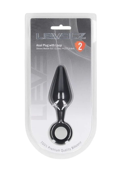 LEVELZ Silicone Anal Plug with Loop - Medium - Black - Black Medium Butt Plug