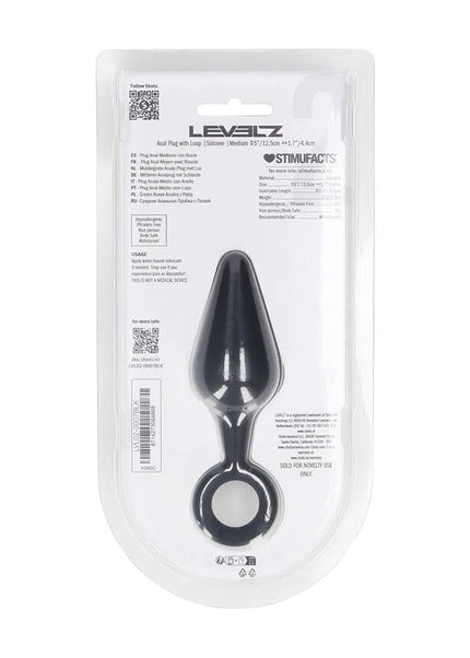 LEVELZ Silicone Anal Plug with Loop - Medium - Black - Black Medium Butt Plug