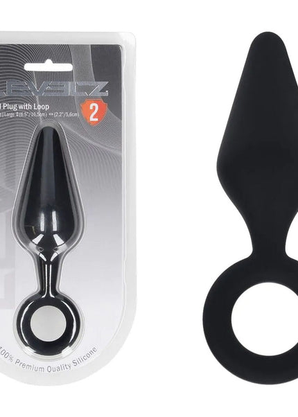 LEVELZ Silicone Anal Plug with Loop - Large - Black Large Butt Plug