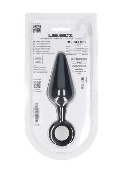 LEVELZ Silicone Anal Plug with Loop - Large - Black Large Butt Plug