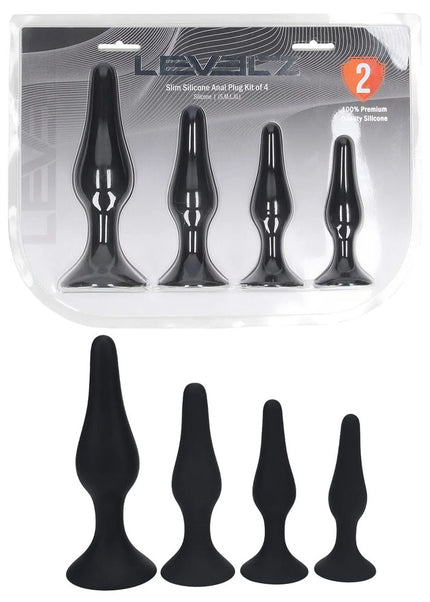 LEVELZ Slim Silicone Anal Plug Kit of 4 - Black Butt Plugs - Set of 4 Sizes