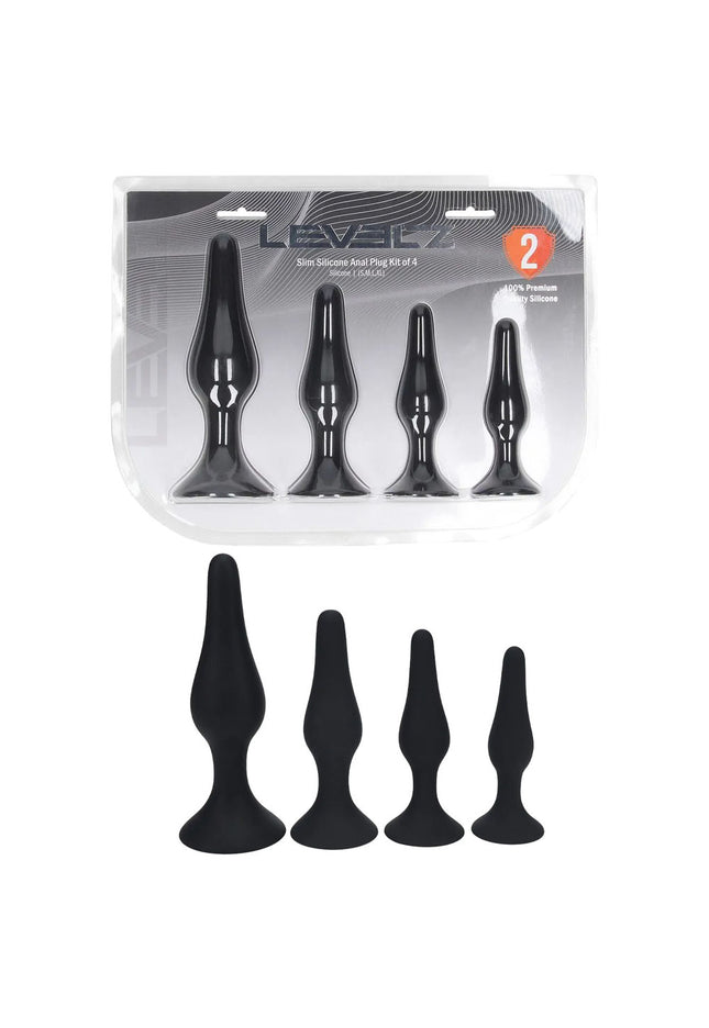 LEVELZ Slim Silicone Anal Plug Kit of 4 - Black Butt Plugs - Set of 4 Sizes