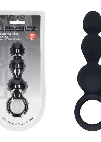 LEVELZ Beaded Silicone Anal Probe with Loop - Black 15.3 cm Beaded Anal Plug
