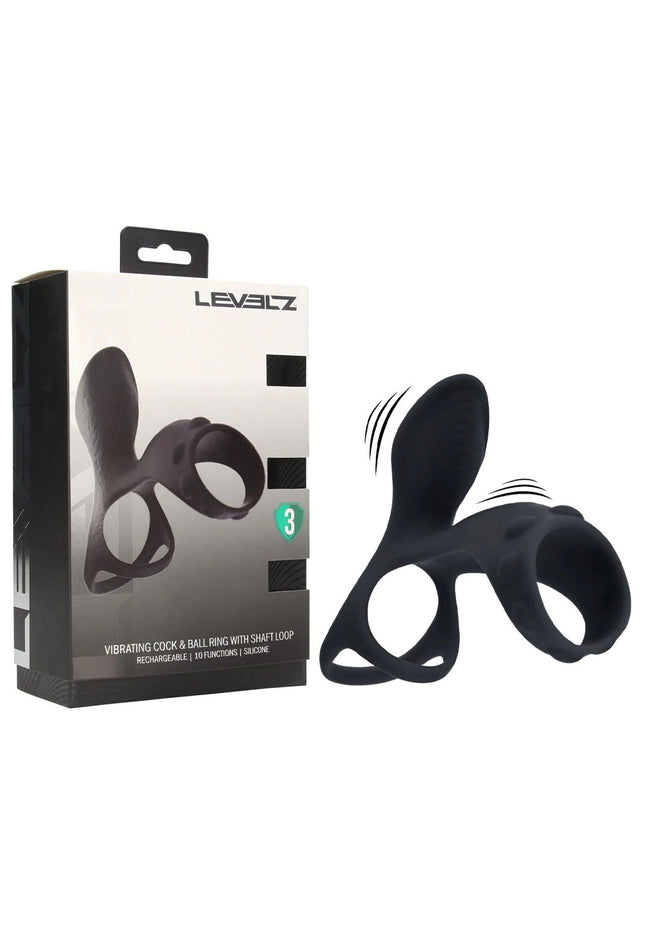 LEVELZ Vibrating Cock & Ball Ring with Shaft Loop - Black USB Rechargeable Vibrating Cock & Ball Rings