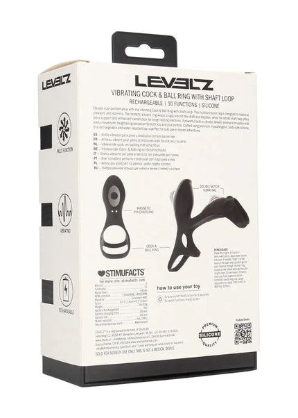 LEVELZ Vibrating Cock & Ball Ring with Shaft Loop - Black USB Rechargeable Vibrating Cock & Ball Rings