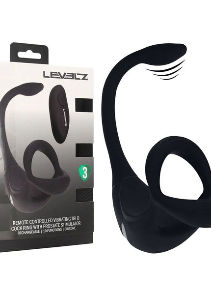 LEVELZ Remote Controlled Vibrating TriO Cock Ring with Prostate Stimulator - Black USB Rechargeable Vibrating Cock Ring with Anal Plug
