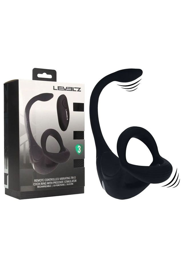 LEVELZ Remote Controlled Vibrating TriO Cock Ring with Prostate Stimulator - Black USB Rechargeable Vibrating Cock Ring with Anal Plug