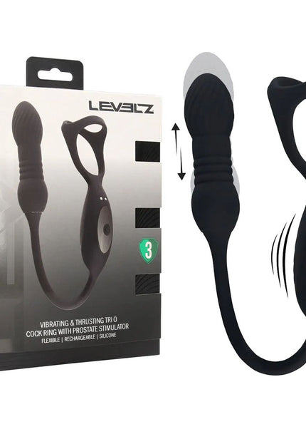 LEVELZ Vibrating & Thrusting TriO Cock Ring with Prostate Stimulator - Black USB Rechargeable Vibrating Cock Ring with Thrusting Prostate Plug